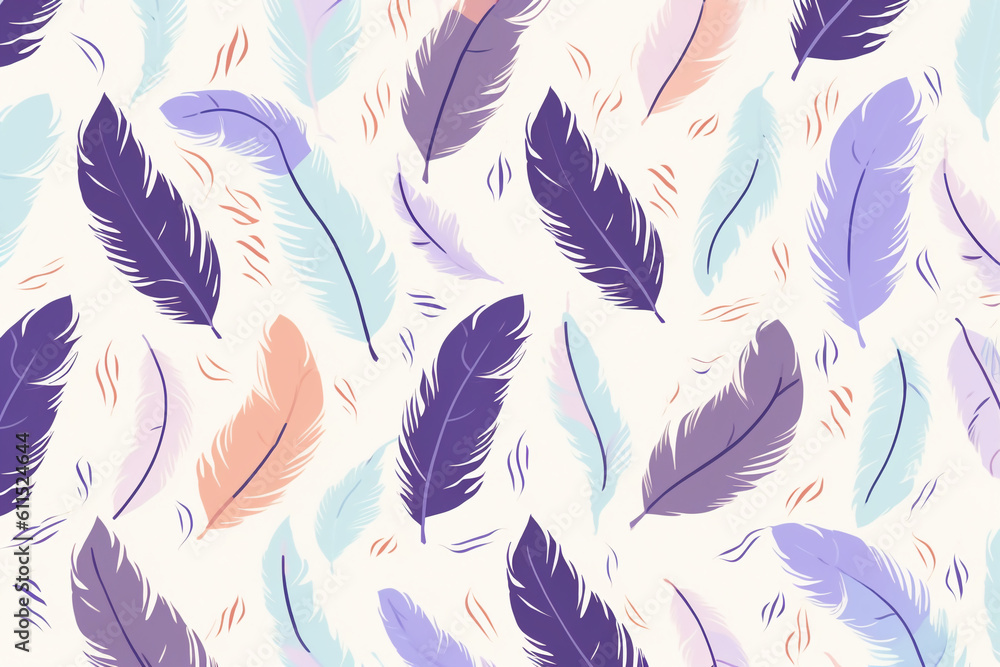 Wall mural pattern featuring minimalistic and stylized illustrations of feathers. ai generative