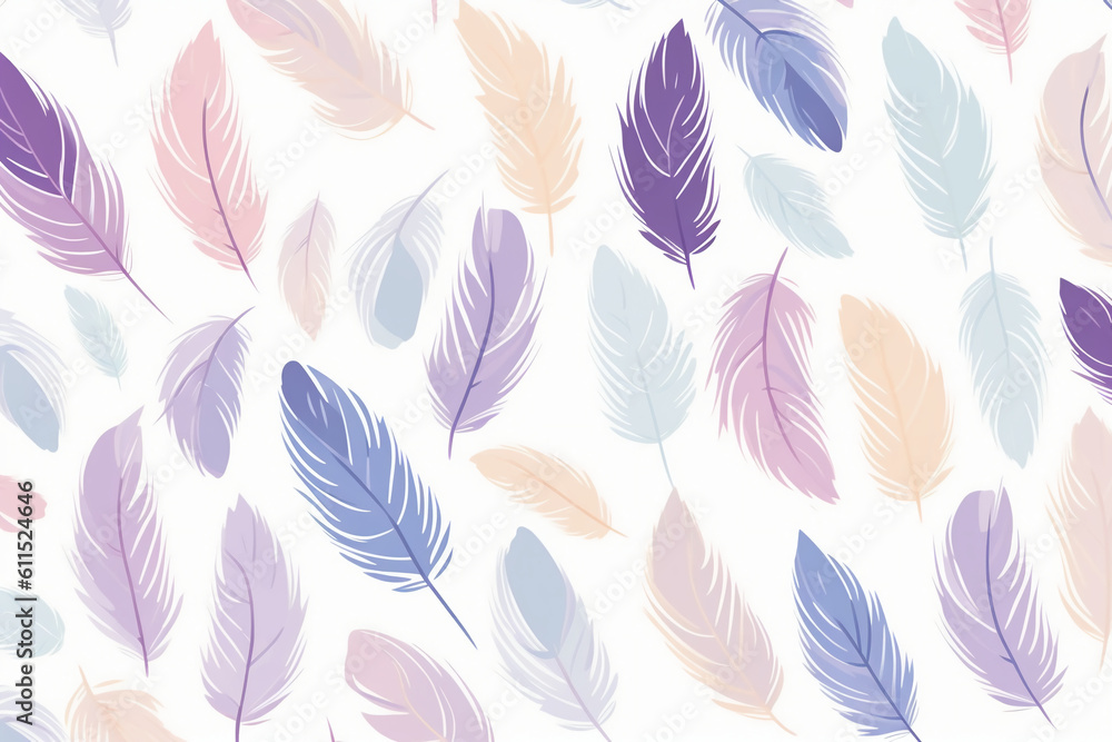 Wall mural pattern featuring minimalistic and stylized illustrations of feathers. ai generative