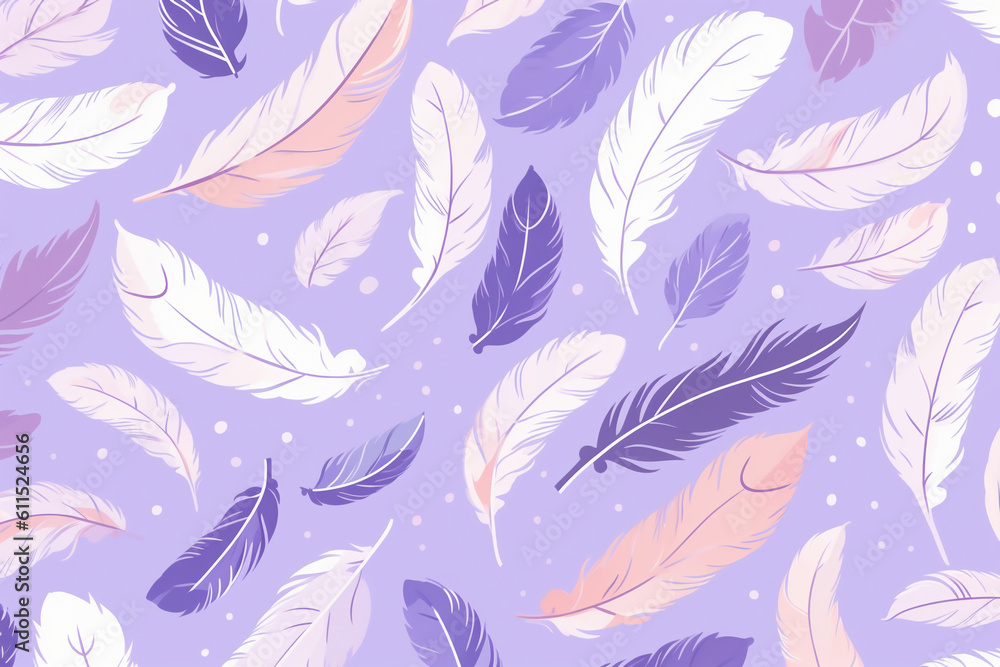Wall mural pattern featuring minimalistic and stylized illustrations of feathers. ai generative