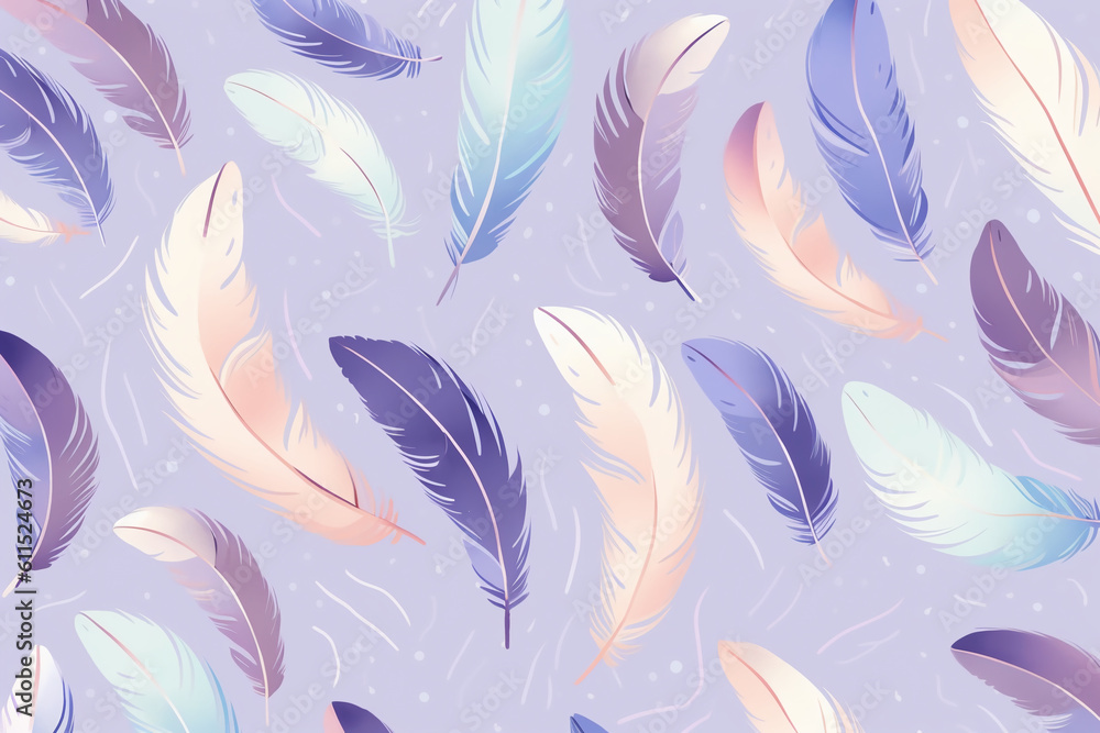 Wall mural pattern featuring minimalistic and stylized illustrations of feathers. ai generative