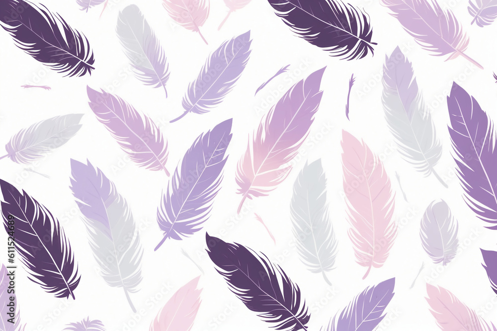 Wall mural pattern featuring minimalistic and stylized illustrations of feathers. ai generative