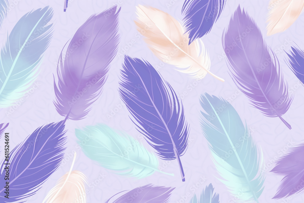 Wall mural pattern featuring minimalistic and stylized illustrations of feathers. ai generative