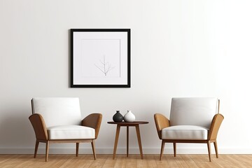 Mockup of landscape and portrait frames with copy space for a print presentation, image, or artwork. simple interior with white walls. Generative AI
