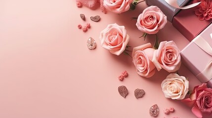 Perfect Concept Design background for Valentine day sale banner with pink gift box and pink flowers