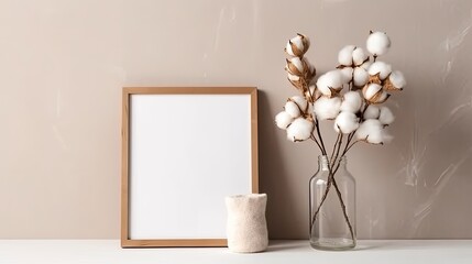 Photo frame on the table with a blank sheet inside. Vase with a cotton flower, white background, abstract geometric shape. Mock up in a current manner. A vertical design template for Generative AI