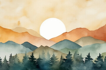 Watercolor boho style mountain landscape, minimalistic, vintage with muted colors. AI generative