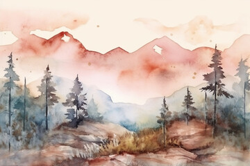 Watercolor boho style mountain landscape, minimalistic, vintage with muted colors. AI generative