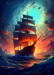 A large galleon sailing through a sea of fire and color, pirate ship concept, generative ai
