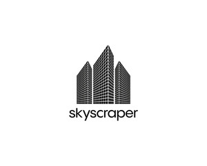 Dispersed building vector logo with disintegration effect. Square pixels are arranged into dissipated building. Modern city skyline.