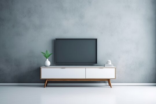 a blank, contemporary flat-screen TV that is effortlessly mounted on a white wall Generative AI