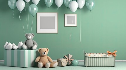 With baby bedding, soft toys, balloons, and a green wall as the background, a mock-up of some poster frames Generative AI