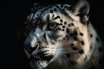 Fototapeta na wymiar A close up of a snow leopard's face isolated on a black background, Generative Ai