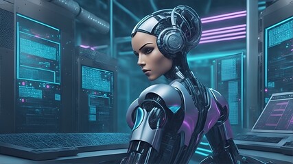 generative Ai illustration Female robot connecting computing and data center background, metal skin