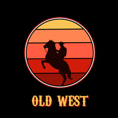 illustration vector of cowboy with horse silhouette in sunset, old west, perfect for print, etc