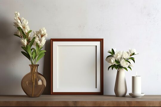 Mock picture frame, candles, and a vase of new flowers on a white table. Generative AI