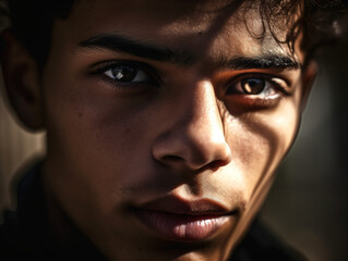 A close up of a young man's face with sunlight on it Generative Ai