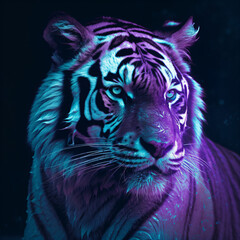 A purple and blue neon tiger portrait isolated on a black background Generative Ai