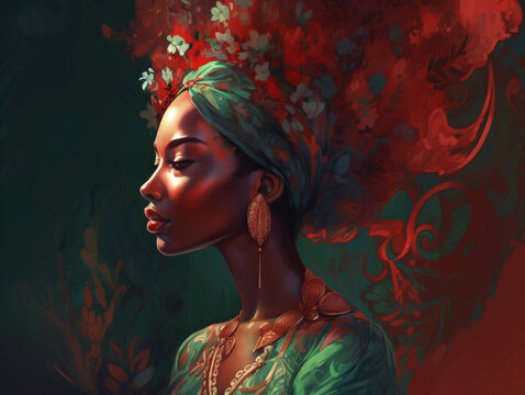 A digital painting of an african american woman in a green dress and red flowers on her hair Generative Ai