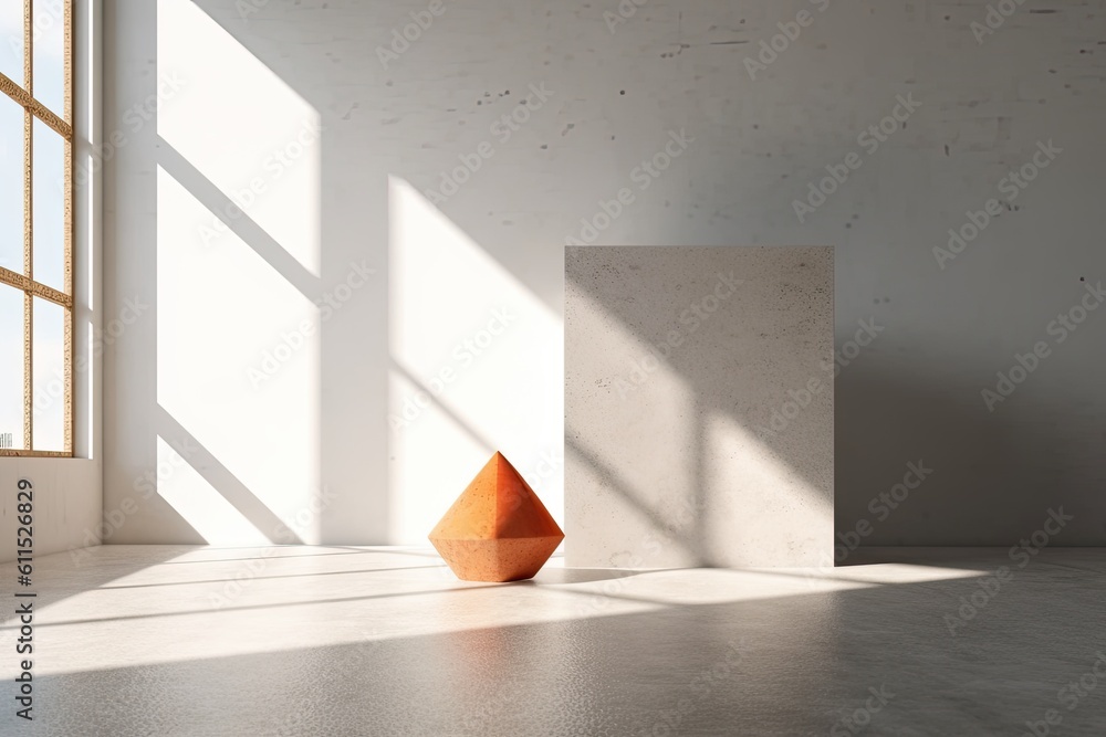 Poster a prototype is placed on a white concrete inside wall in a modern setting with sunshine. a mockup ge