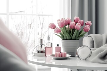 Decorated interior of a home. Cosmetic set with a vase of pink tulips against a white background. Generative AI