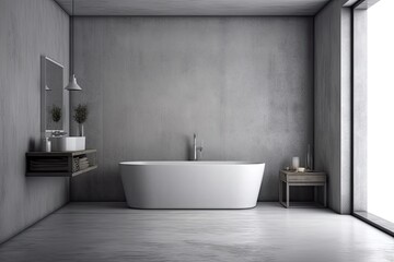 Obraz na płótnie Canvas On a grey concrete floor, a white bathroom interior with a bathtub and sink with a mirror can be seen. a hotel laundry nook with a wall of imitation copy space. Generative AI