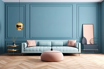 Interior of a minimalist living room including a wooden floor, a round coffee table, a soft blue sofa, and a geometric wall design. one that is horizontal. a mockup Generative AI