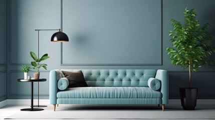 Simple living room d�cor features a blue sofa and a light blue wall. Generative AI