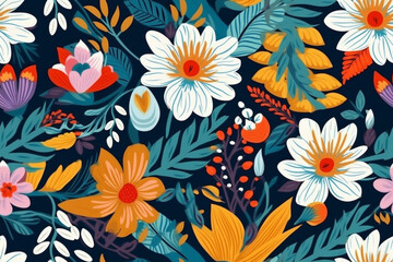 Colorful floral wallpaper in a seamless repeating pattern, developed with generative ai