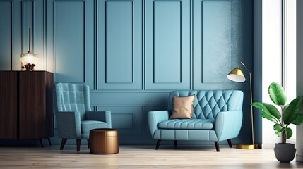 In a villa's living room design with beige furniture, white walls, hardwood flooring, and an armchair with a light, a copy space mockup wall poster is shown over a blue cabinet. Generative AI