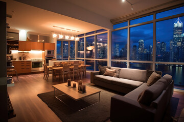 Fototapeta premium modern open concept living room in a high floor building at dusk