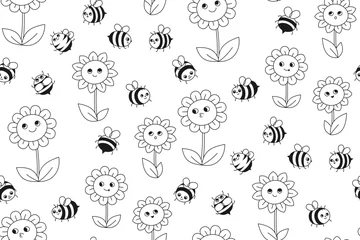 Fototapeten Bee honey and flowers retro seamless pattern. Summer cartoon meadow kids ornament. Honeybee insect characters with funny faces endless background. Comic line bees doodle repeat boundless illustration © neliakott