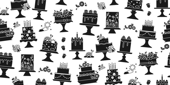 Birthday cakes celebration desserts seamless pattern. Party delicious cupcake sweet bakery boundless background. Holiday decoration cake abstract ornament pastries endless texture stamp stencil vector