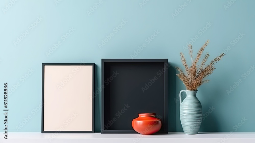 Aufkleber a blue shelf has a black picture frame leaning on it. template for a blank mockup background in a sq