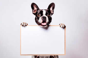 Isolated dog holding white background advertising frame with space for text. AI generated