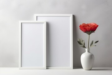 White background with a flower on a table and an empty frame. Draft for a design Generative AI