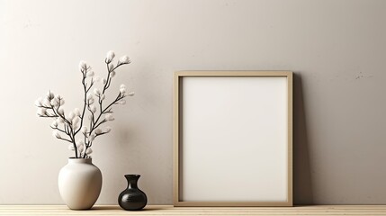 Fototapeta na wymiar Minimalist workstation with copy space, ceramic vase embellishments, and mock-up frame Generative AI