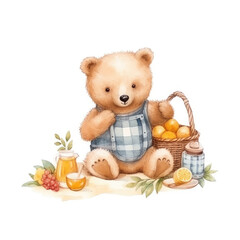 cute baby bear girl picnic and Watercolor, drawing,teddy bear , minimalistic style. Generative AI illustration.