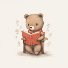 cute baby bear girl read a book on wooden chair, bear reading a book, Watercolor, drawing,teddy bear , minimalistic style. Generative AI illustration.
