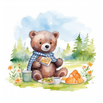 cute baby bear girl picnic and Watercolor, drawing,teddy bear , minimalistic style. Generative AI illustration.