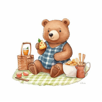 cute baby bear girl picnic and Watercolor, drawing,teddy bear , minimalistic style. Generative AI illustration.