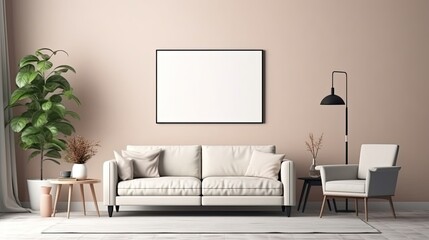 Interior of a contemporary living room with a leather couch, a little tablet with dcor, and an empty poster on the wall. a mockup Generative AI
