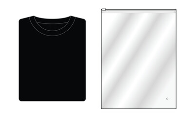 Foled black t-shirt and clear plastic zip lock bag template on white background, vector file