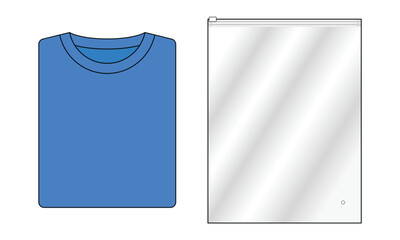 Foled blue t-shirt and clear plastic zip lock bag template on white background, vector file