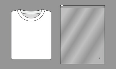 Foled white t-shirt and clear plastic zip lock bag template on gray background, vector file