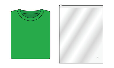 Foled Green t-shirt and clear plastic zip lock bag template on white background, vector file