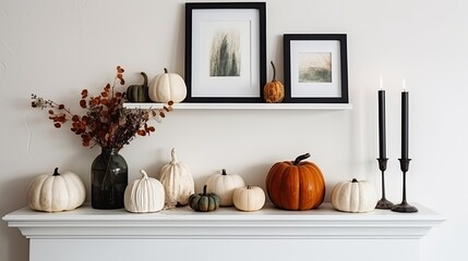 Black mock frame with fall candles and pumpkin decor on a white shelf. autumnal idea frame for a portrait against a white wall. Generative AI