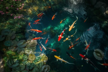 Fototapeta na wymiar A stunning pond with transparent water hosting scarlet koi fish amidst emerald foliage, viewed from above. Generative AI