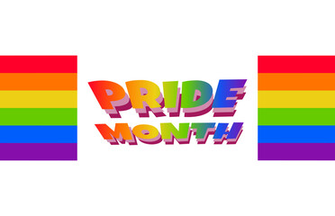 rainbow background with pride month lettering on white background