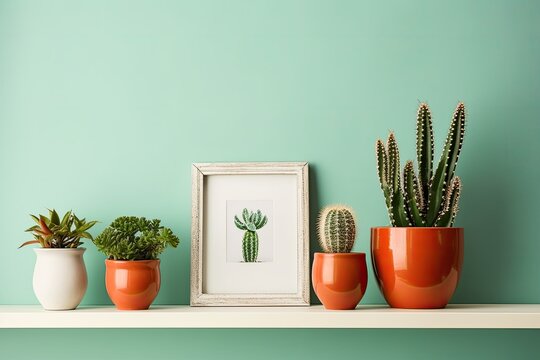 Metal pots holding a variety of cactus plants. Cactus plants in pots on a white shelf with a mock-up picture frame against a turquoise background. Generative AI