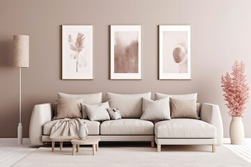 Close-up of a trendy living room or waiting area with a beige sofa and three empty posters on the wall. Concept for a minimalist design. Generative AI